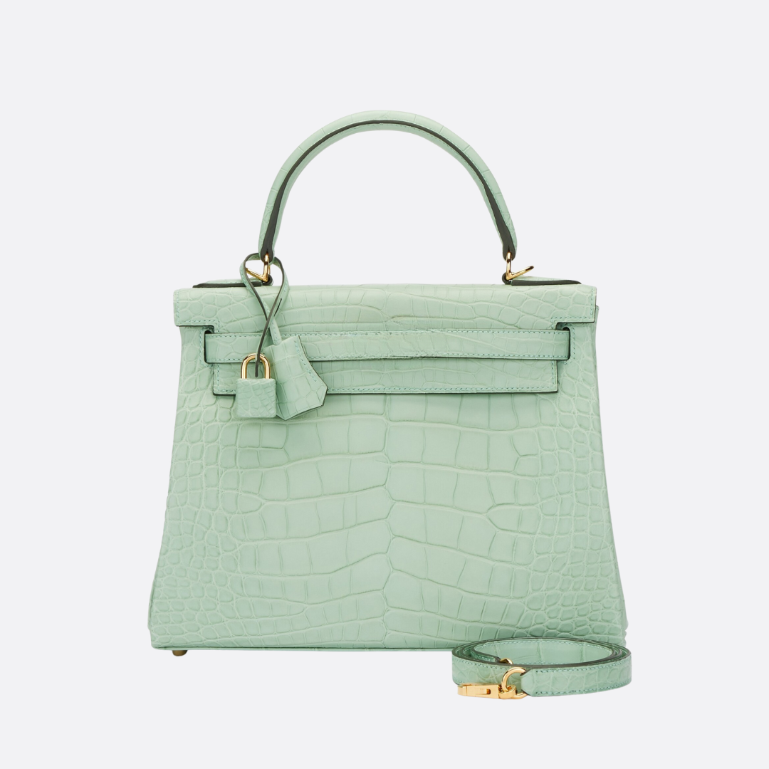 KELLY 28 – MATTE ALLIGATOR LEATHER VERT D’EAU (REVERSED STITCHING)